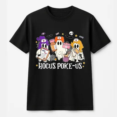 Hocus Poke-Us Witch Nurse Halloween T-Shirt, Medical Lab Tech Halloween T-Shirt, Crew T-Shirt, Spooky Health Professional