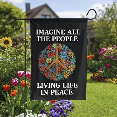 Imagine All The People Peace Flag – Colorful Floral Peace Sign Design Vertical Garden Flag