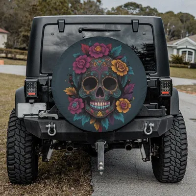 Floral Skull Tire Cover, Backup Camera Hole Tire Cover, Retro Skull Tire Cover With Flowers, Skull Car Accessories Women Spare Tire Cover