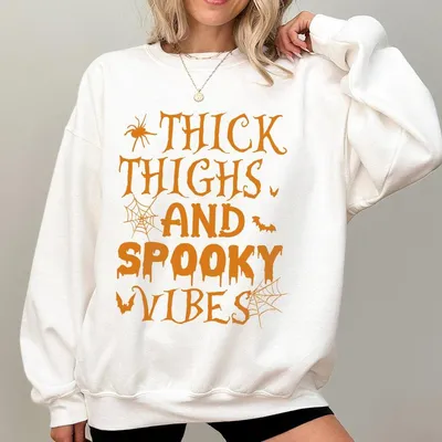 Thick Thighs And Spooky Vibes Unisex Halloween Print Sweatshirt Stylish Soft Regular Fit Casual Pocket