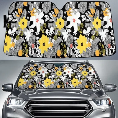 White And Yellow Hawaiian Hibiscus Flower Hand Drawing Car Sun Shades Cover Auto Windshield PrintSyde