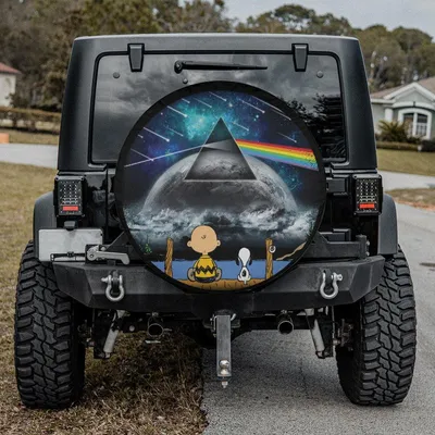 Snoopy And Charlie Brown Dark Side Of The Moon Spare Tire Cover, Funny Pink Floyd Inspired Design, Cute Cartoon Tire Cover For Car, Rv, And Camper Spare Tire Cover
