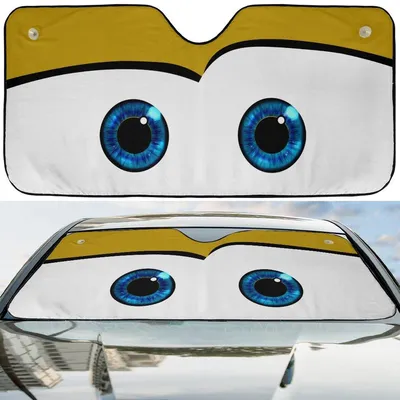 Cartoon Car Eyes Sun Shade, Bright Blue Animated Eyes, Yellow Brow Windshield Visor, Movie Style Auto Accessory, Kids Fun Car Sunshade