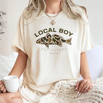 Local Boy Outfitters Camo Fish T-Shirt Southern Fishing Graphic T-Shirt For Outdoorsmen, Country Boy Gift, Duck Hunting Inspired T-Shirt Since 2013