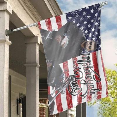 Motorcycle Race House Flag, Leather Jacket Rider With Helmet And Stylized Usa Flag, Patriotic Biker Culture Banner Horizontal House Flag