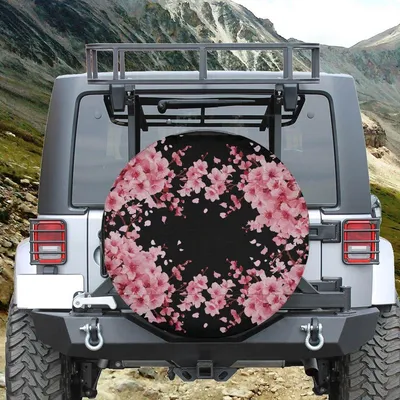 Spare Tire Japanese Cherry Blossom Cover With Backup Camera Hole Option For Wranglers, Broncos Full Color Print Rv Camping Gift Spare Tire Cover