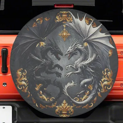 Dragon Couple Spare Tire Cover, Romantic Dragon Design Wheel Cover With Backup Camera Hole, Fantasy Art Car Accessory, Unique Decorative Tire Protector Spare Tire Cover