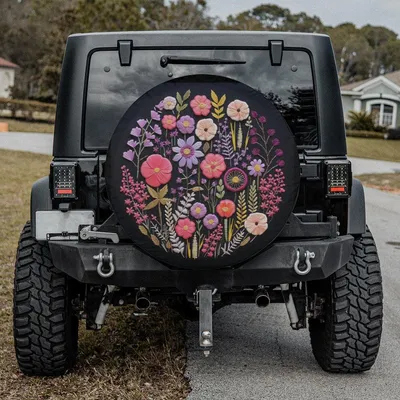 Embroidered Flowers Spare Tire Cover, Floral Design Backup Camera Hole Tire Protector, Universal Wheel Dustproof Cover Spare Tire Cover