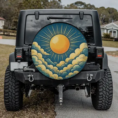 Sun And Clouds Spare Tire Cover, Vintage Art Backup Camera Hole Tire Protector, Universal Wheel Dustproof Cover Spare Tire Cover