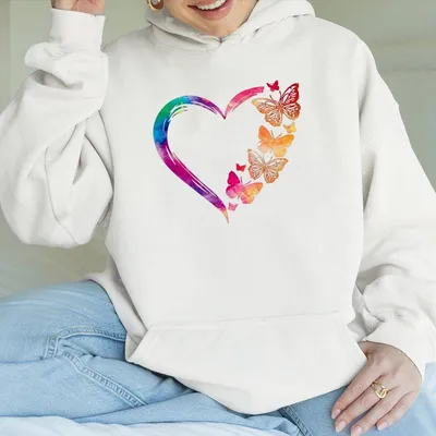 Butterfly & Heart Print Drop Shoulder Hoodie, Fashion Casual Round Neck Half Sleeve Hoodie For Daily Wear, Full Size