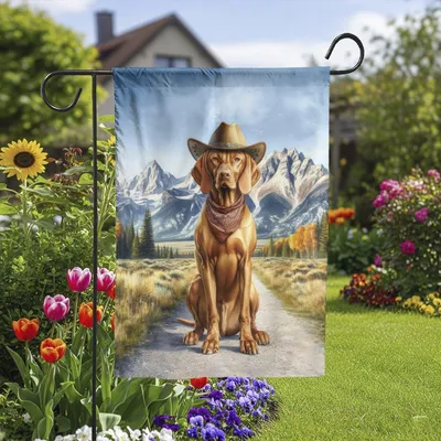 Dog Lover Vertical Garden Flag, Vizsla Cowboy Hat Bandana, Western Mountain Landscape, Yard Decor Gift For Him Her Vertical Garden Flag