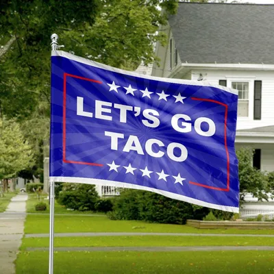 Let’S Go Taco House Flag, Bold White Text With Red Border, Blue Burst Background And White Stars, Fun Food Banner Horizontal House Flag