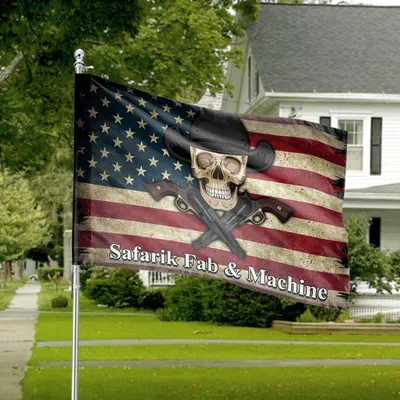 Western Patriot House Flag, Skull With Cowboy Hat And Crossed Revolvers, Stylized American Flag Background With Rugged Identity Horizontal House Flag
