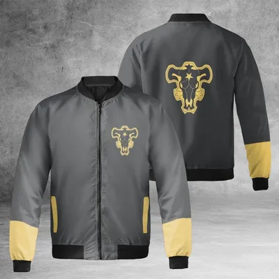 Black Clover Black Bulls Bomber Jacket, Windproof, Anime Magic Knights Logo, Black & Gold Bomber Jacket