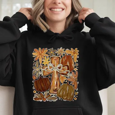 Brushstroke Coquette Fall Cross Preppy Floral Autumn Pumpkins Hoodie Boho Flowers Bow Christian Hoodie Faith Gift Jesus