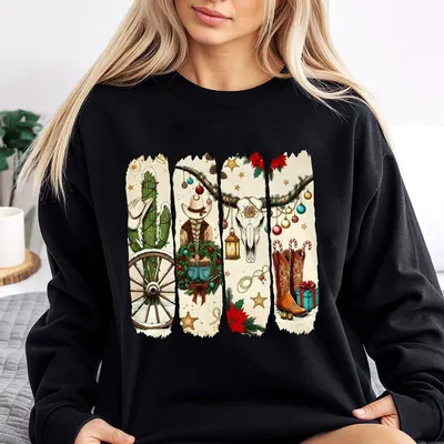 Cowgirl Christmas Sweatshirt, Retro Cowboy Holiday, Trendy Western Xmas Outfit, Made In Usa