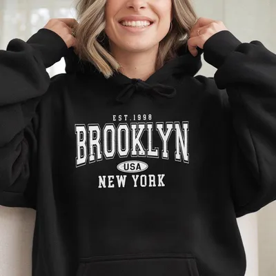 Women Brooklyn New York Graphic Hoodie Black With White Lettering Adjustable Drawstring Hood Casual