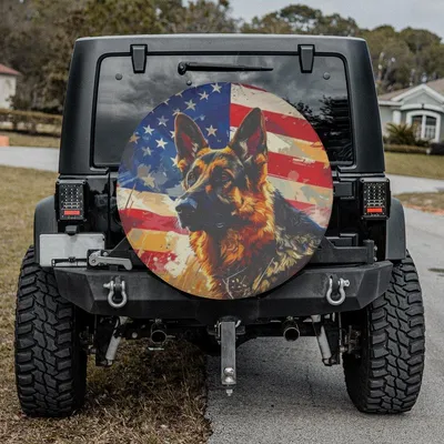 American Flag German Shepherd Spare Tire Cover, Patriotic Dog Design, Waterproof Durable Vinyl, Universal Fit For Suv Truck Rv Camper Spare Tire Cover