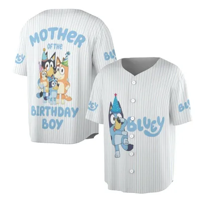 Bluey Jersey Baseball Jersey, Mother Of The Birthday Boy Gift, Kids Cartoon Fan Baseball Jersey, Yellow Pinstripe
