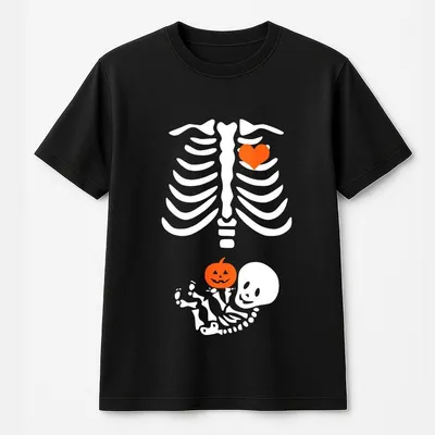 Halloween Skeleton Couple T-Shirt, Funny Matching Ribcage Print, Expecting Parents Spooky Season Outfits