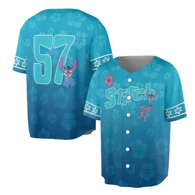 Stitch 57 Baseball Jersey, Cute Blue Hawaiian Baseball Jersey, Cartoon Summer Outfit, Tropical Flower Jersey
