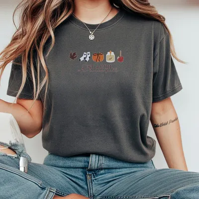 Just A Girl Who Loves Fall Embroidered Cozy Fall Vibes Pumpkin Spice Cute Autumn T-Shirt Fall Icons Autumn