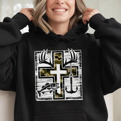 Cross Camo Design Hoodie Faith Inspired Camo Cross Graphic With Fishing Hook Antlers For Outdoorsmen Cozy Cotton Horror