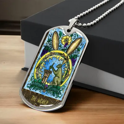 Tarot Card Necklace. Silver Or Gold. For Wiccans, Astrology, Zodiac, Spiritual, Best Friend. Boho. The World Card - Army Tag Necklace, Dog Tag