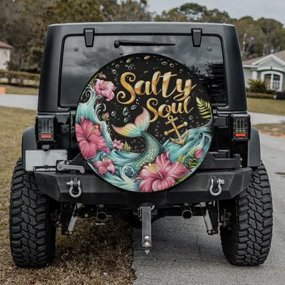 Boho Mermaid Spare Tire Cover, Tropical Floral And Anchor Art, Coastal Lifestyle, Durable Vinyl Spare Tire Cover