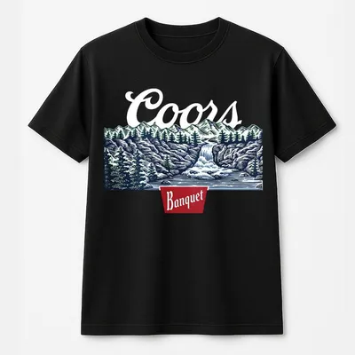 Coors Banquet T-Shirt - A Classic Design Featuring The Iconic Coors Logo And A Scenic Mountain Waterfall