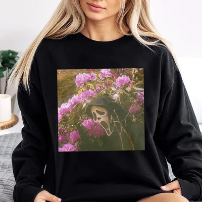 Vintage Ghostface With Rhododendrons Graphic Sweatshirt Sceam Movie Sweatshirt Horror Movie Sweatshirt Cute Halloween Cotton Sweatshirt