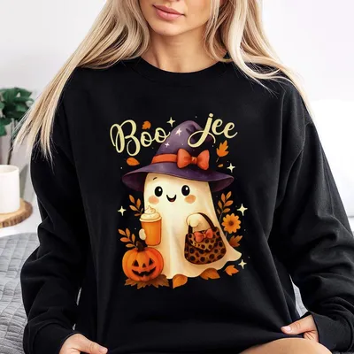 Halloween Boo Jee Ghost With Witch Hat And Pumpkin Graphic Sweatshirt Trending Sweatshirt Casual Streetwear Sweatshirt