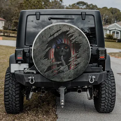 Skull American Flag Spare Tire Cover, Metal Ripped Design, Grim Reaper Shhh Pattern, Patriotic Gothic Car Accessory Spare Tire Cover
