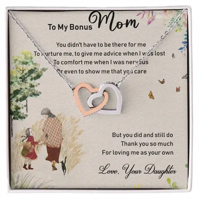 To My Bonus Mom Interlocking Hearts Necklace Message Card