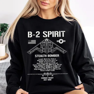 B 2 Spirit Stealth Bomber Sweatshirt Technical Blueprint Of B 2 With Full Aircraft Specs , Aviation Military Design
