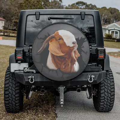 Boer Goat Peeking Spare Tire Cover - Funny Farm Animal Broken Hole Art, Rural Homestead Novelty Graphic, Universal Waterproof Tire Protector Spare Tire Cover