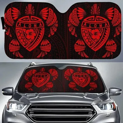 Reddish Hawaii Map Turtle Ohana Hibiscus Kakau Polynesian Printed Car Sun Shade Cover Auto Windshields PrintSyde