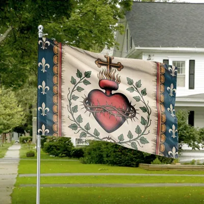 Horizontal House Flag Sacred Heart Of Jesus Christ - Religious Cross Fleur-De-Lis Vintage Art Banner Horizontal House Flag