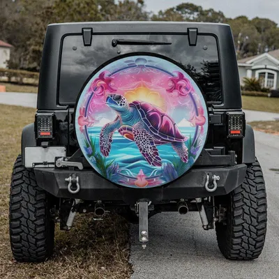 Sea Turtle Spare Tire Cover, Tropical Sunset Beach Design, Waterproof Vinyl Wheel Protector, Ocean Lover Gift Spare Tire Cover