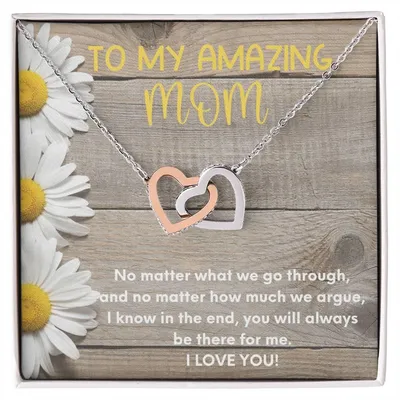 To My Amazing Mom Two Hearts Embellished Interlocked Together Necklace For Mother'S Day Gift Happy Mother'S Day Necklace Interlocking Hearts Necklace