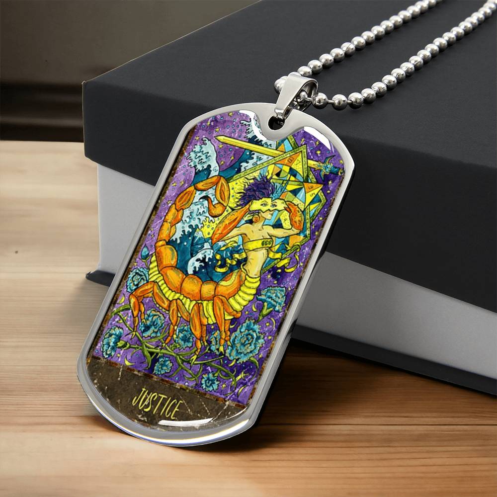 Tarot Card Necklace. Silver Or Gold. For Wiccans, Astrology, Zodiac, Spiritual, Best Friend. Boho. Justice Card - Army Tag Necklace, Dog Tag