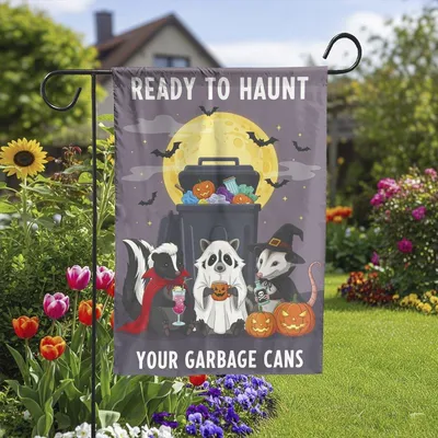 Funny Halloween Garden Flag, Ready To Haunt Your Garbage Cans With Raccoon, Opossum, Spooky Cute Outdoor Yard Decor, Trash Team Gift Vertical Garden Flag