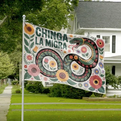 Horizontal House Flag, Chinga La Migra Mexican Folk Art Snake Floral Design Horizontal House Flag