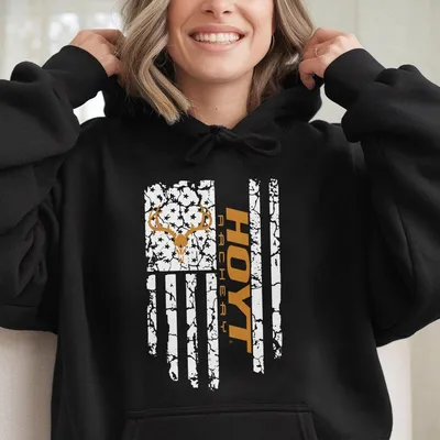Hoyt Archery Hoodie, Deer Skull & Usa Flag Graphic, Bowhunting Lifestyle, Patriotic Outdoor Hoodie