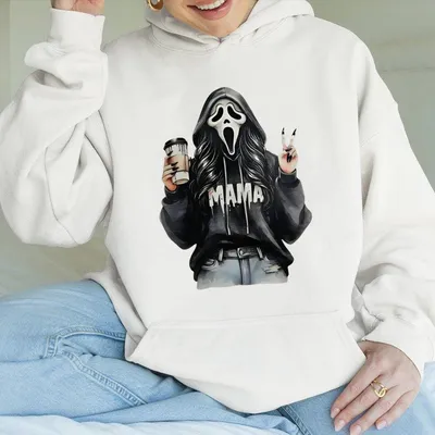 Spooky Mama Halloween Hoodie Ghostface Girl With Coffee Cup Graphic Trendy Scary Mama Unisex Cotton