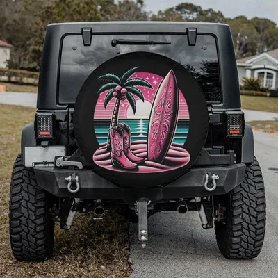 Beach Cowboy Spare Tire Cover, Pink Neon Surfboard Wheel Protector, Vaporwave Tropical Waterproof Vinyl, Universal Fit Spare Tire Cover