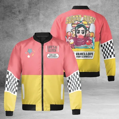 Sugar Rush Windproof Bomber Jacket, Vanellope Von Schweetz Cartoon Design, Color Block Racing Streetwear Bomber Jacket
