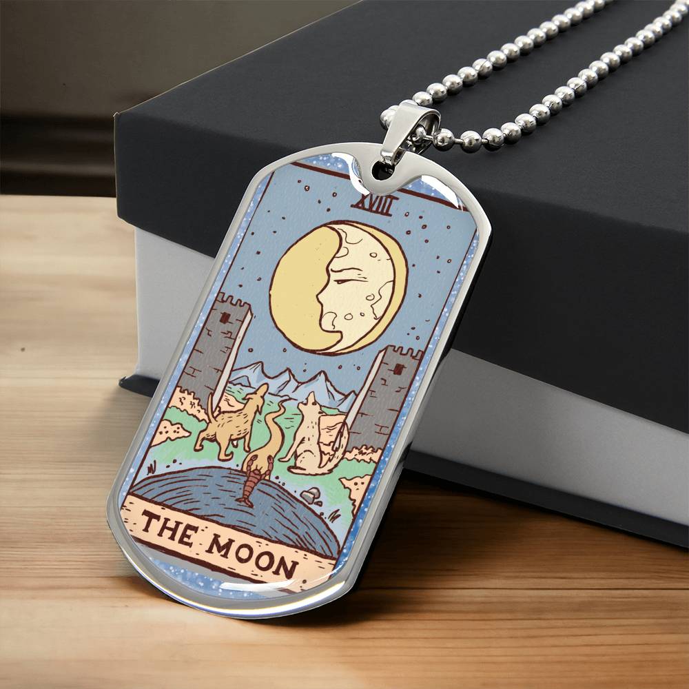Tarot Card Necklace. Silver Or Gold. For Wiccans, Astrology, Zodiac, Spiritual, Best Friend. Boho. The Moon Card - Army Tag Necklace, Dog Tag
