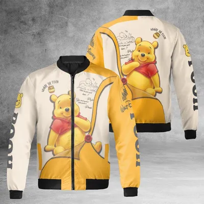Disney Winnie The Pooh Bomber Jacket, Whimsical Quote Print, Classic Cartoon Character Merch, Yelloworange Bomber Jacket