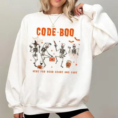 Halloween Nurse Sweatshirt – Spooky Season Code Boo Skeleton Graphic Pullover